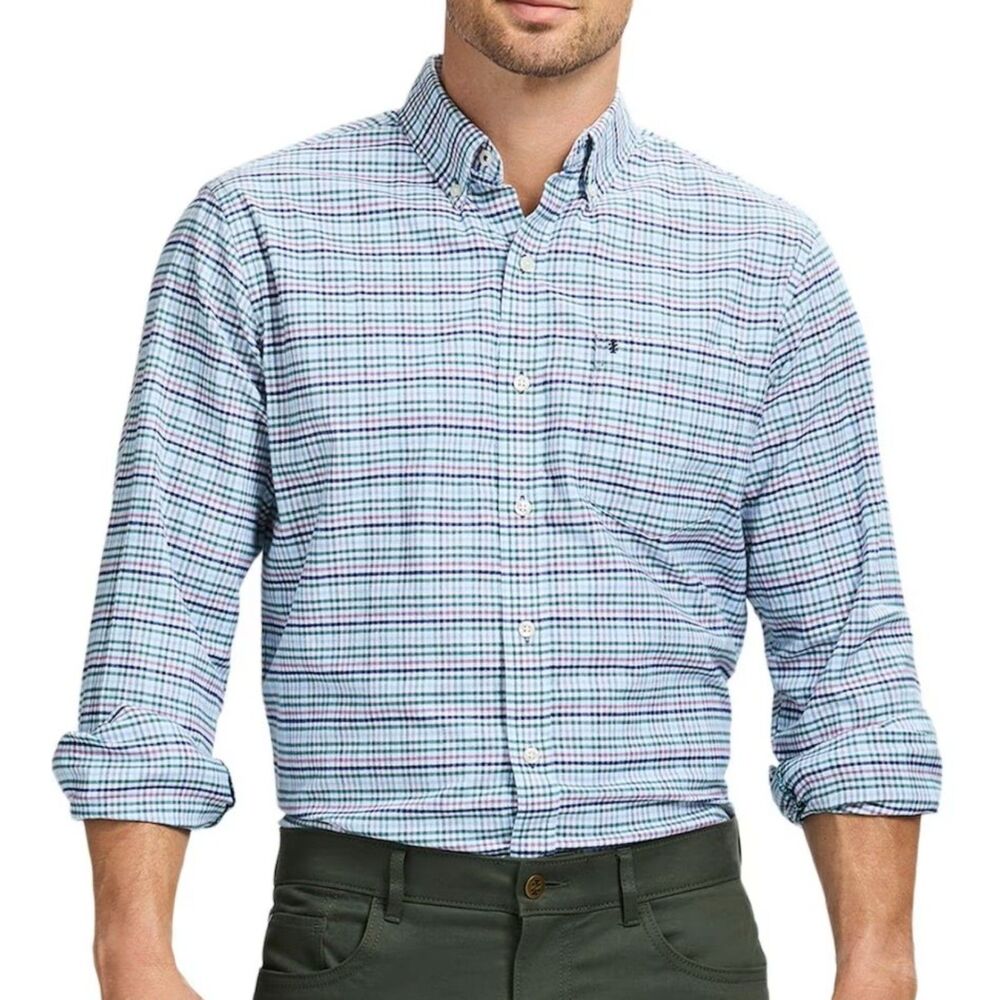 IZOD Mens Green Purple Plaid Oxford Button Down Shirt Long Sleeve L Preppy